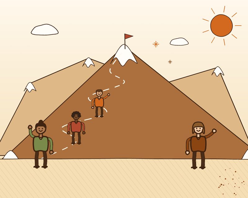 Illustration of Peakline Partners team members climbing a dashed trail towards a flag on a mountain summit