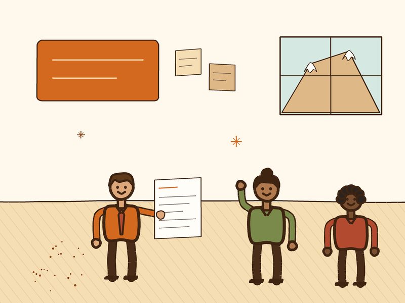 Illustration of an applicant handing a resume to a Peakline Partners team member in a welcoming office