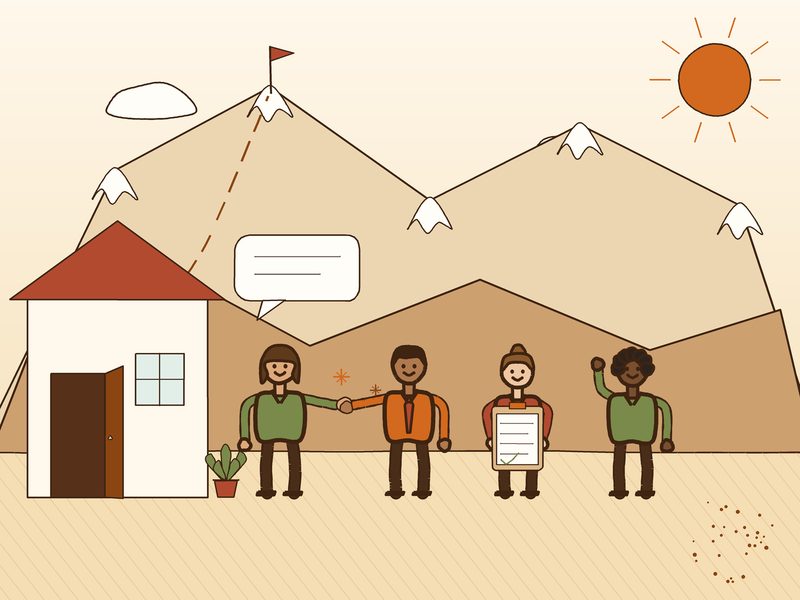 Illustration of the Peakline Partners team greeting a customer at their front door with the Wasatch mountains behind them