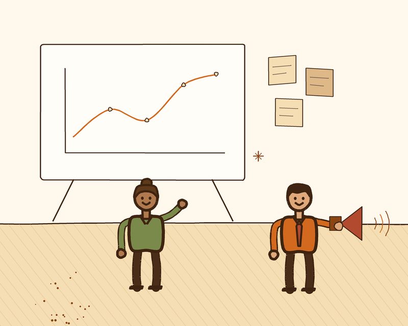 Illustration of two Peakline Partners team members reviewing a campaign chart on an easel with a megaphone and sticky notes