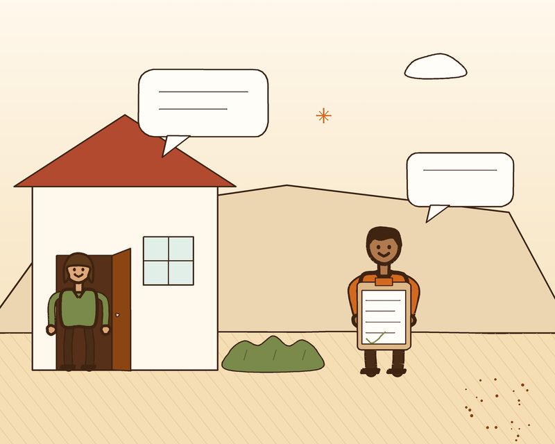 Illustration of a Peakline Partners representative with a clipboard talking to a customer at the open door of a house