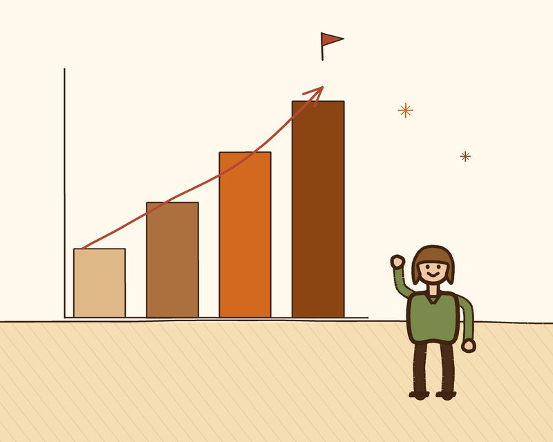 Illustration of a rising bar chart with an upward arrow and a flag, celebrated by a Peakline Partners team member