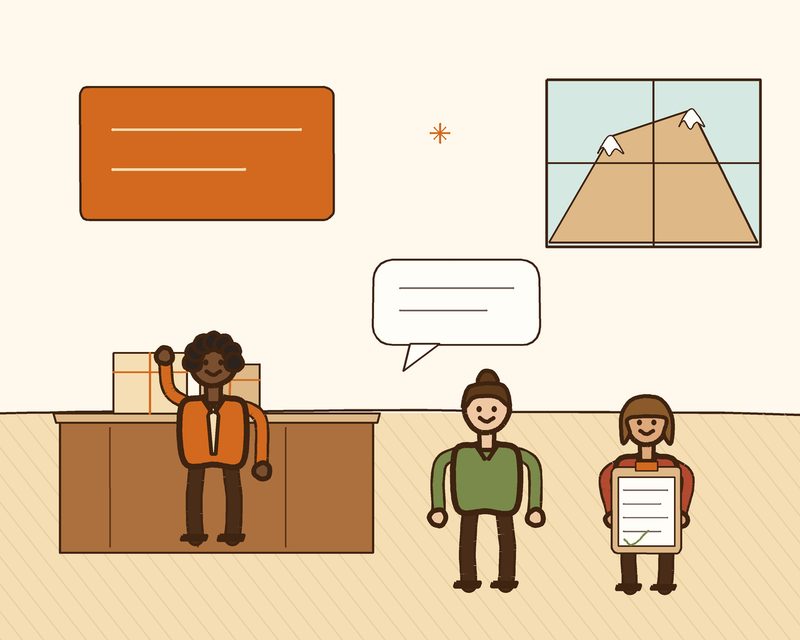 Illustration of a branded retail kiosk where a Peakline Partners associate greets two shoppers across a counter