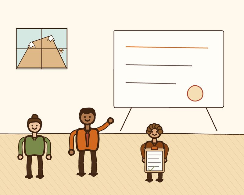 Illustration of a Peakline Partners mentor coaching two entry level associates at a training whiteboard
